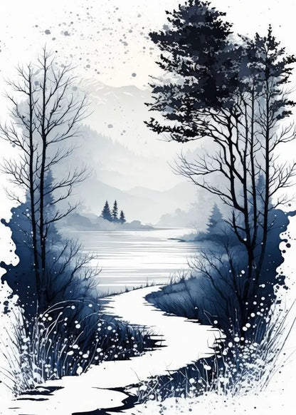 Winter landscape with a path leading to a lake, surrounded by trees and snow.