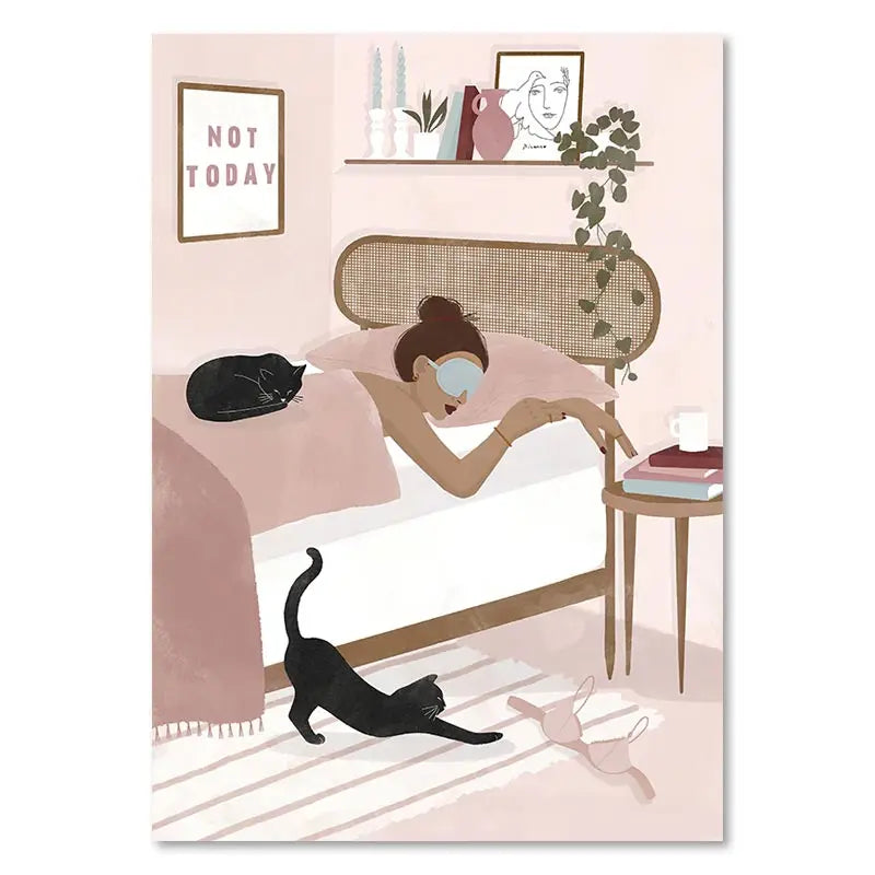 Illustration of a woman lying in bed with a cat and a 'Not Today' sign in the background