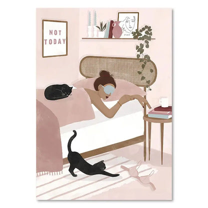 Illustration of a woman lying in bed with a cat and a 'Not Today' sign in the background