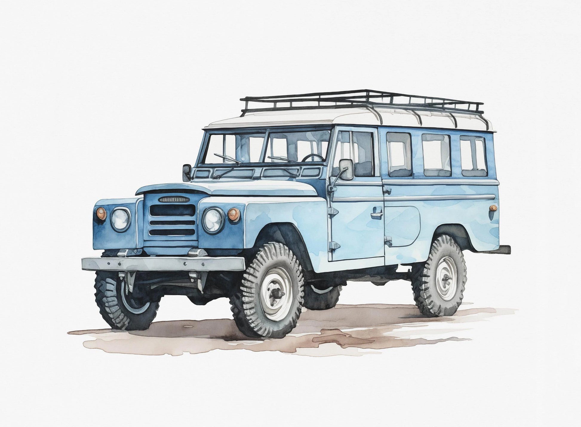 Illustration of a vintage blue SUV with a white background