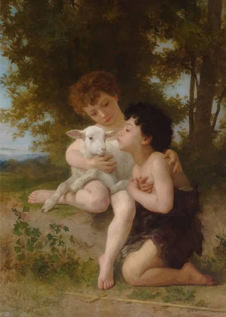 Two children with a lamb in a pastoral setting