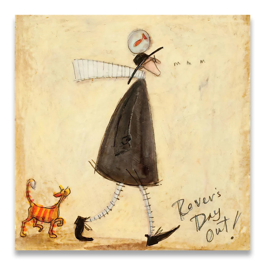Illustration of a person with a dog walking, featuring 'Rover's Day Out!' text on a textured background.