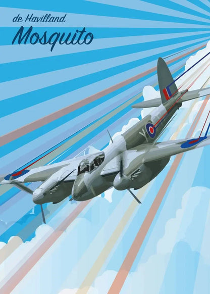 Illustration of a de Havilland Mosquito aircraft against a blue sky with sunbeams.