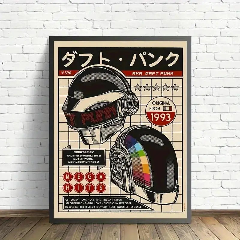Framed poster of Daft Punk helmets with text on a white brick wall.