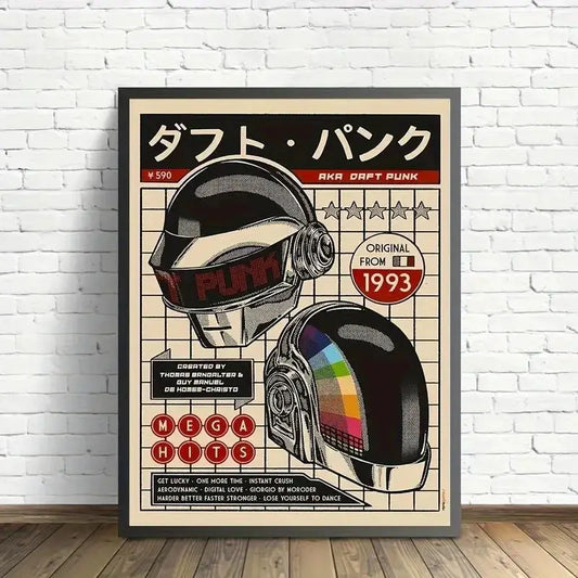Framed poster of Daft Punk helmets with text on a white brick wall. Canvas & Curio