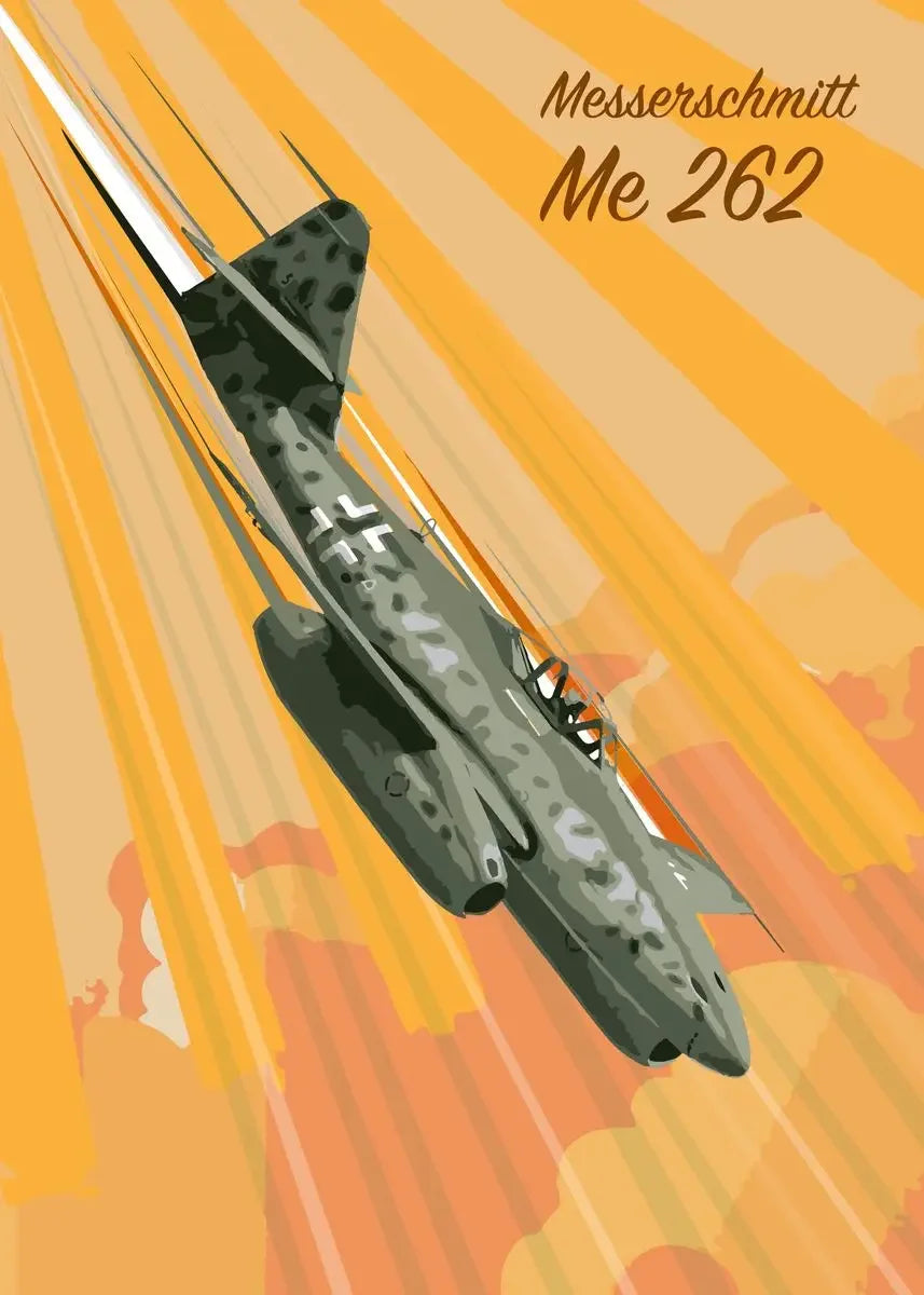 Illustration of a Messerschmitt Me 262 jet fighter against an orange and red background.
