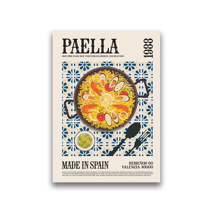 Paella poster with a colorful illustration of paella and text on a beige background