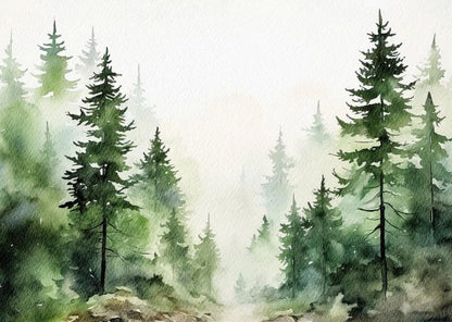 Watercolor painting of a forest with tall trees and misty background