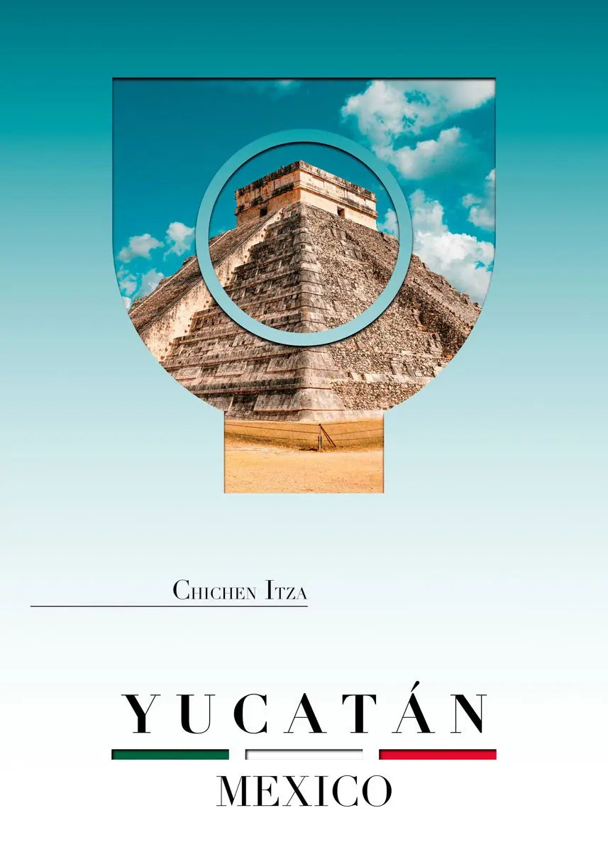 Yucatón Mexico with Chichen Itza pyramid on a light blue background