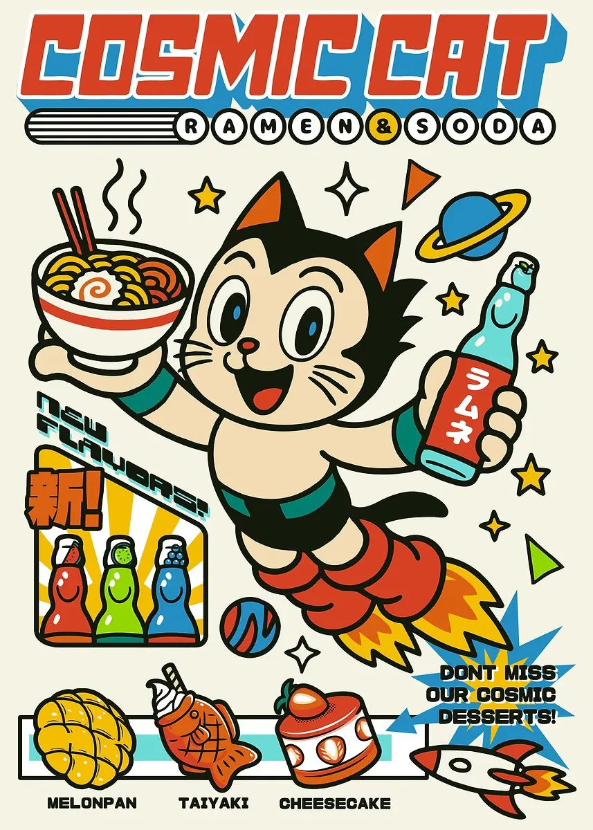 Cartoon cat holding a bowl of ramen and a bottle of soda with colorful text and graphics.