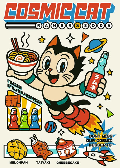 Cartoon cat holding a bowl of ramen and a bottle of soda with colorful text and graphics.