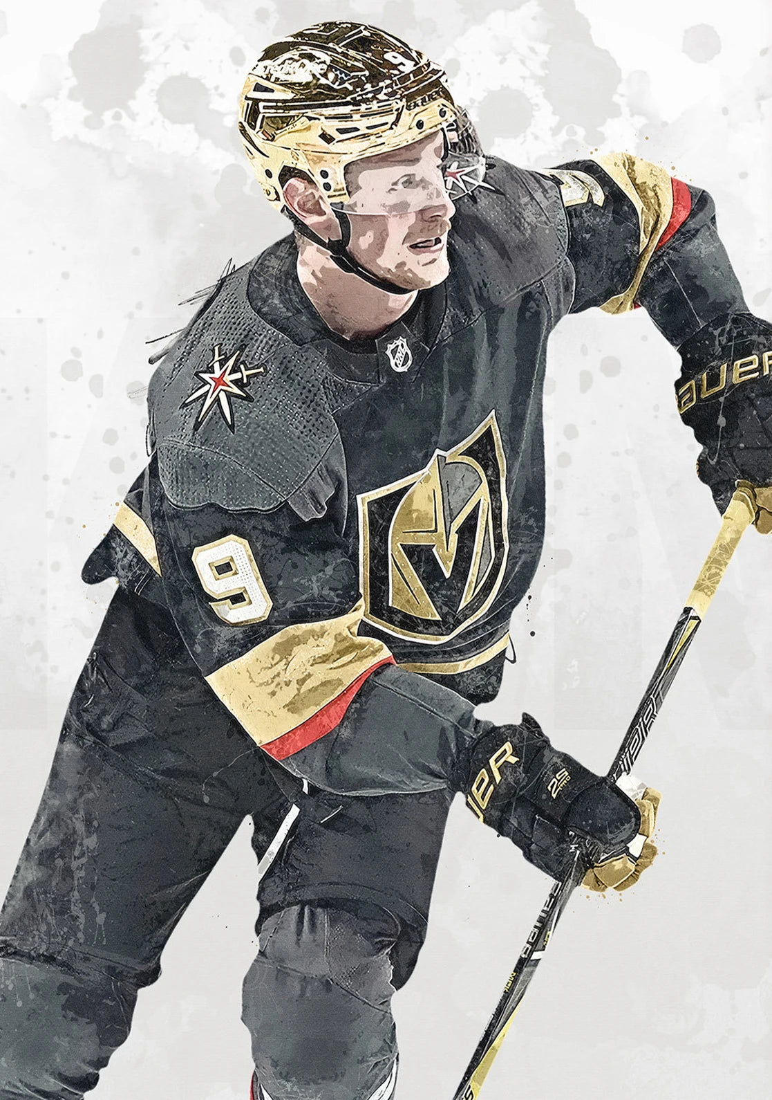Hockey player in action wearing a black and gold uniform with a prominent logo.