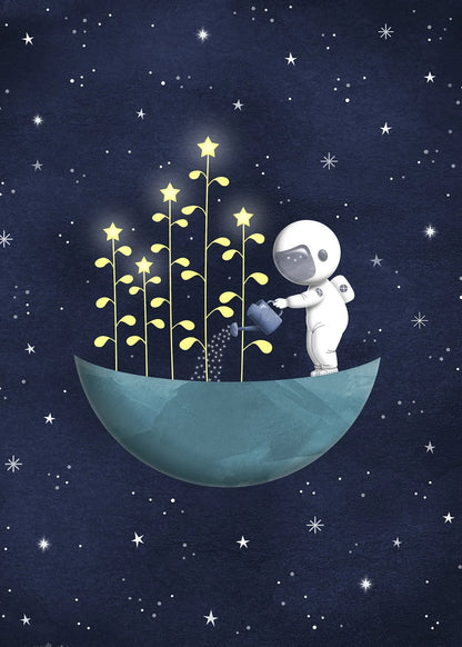 Illustration of an astronaut tending to plants shaped like stars in outer space.