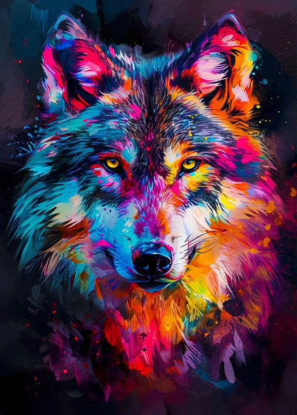 Colorful wolf illustration with a dark background