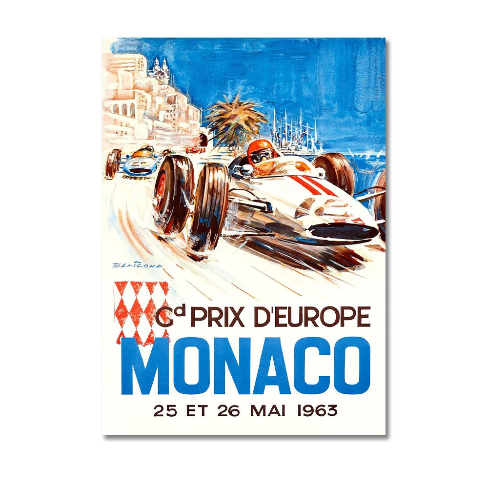 Vintage poster for the 6th Prix d'Europe Monaco race featuring racing cars and cityscape.