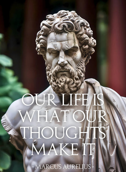 Statue with a quote by Marcus Aurelius against a blurred natural background