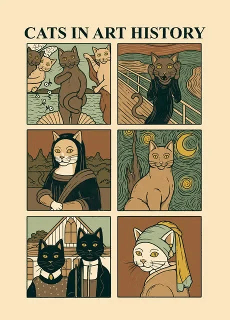 Illustrations of cats in various famous artworks with 'Cats in Art History' text at the top.