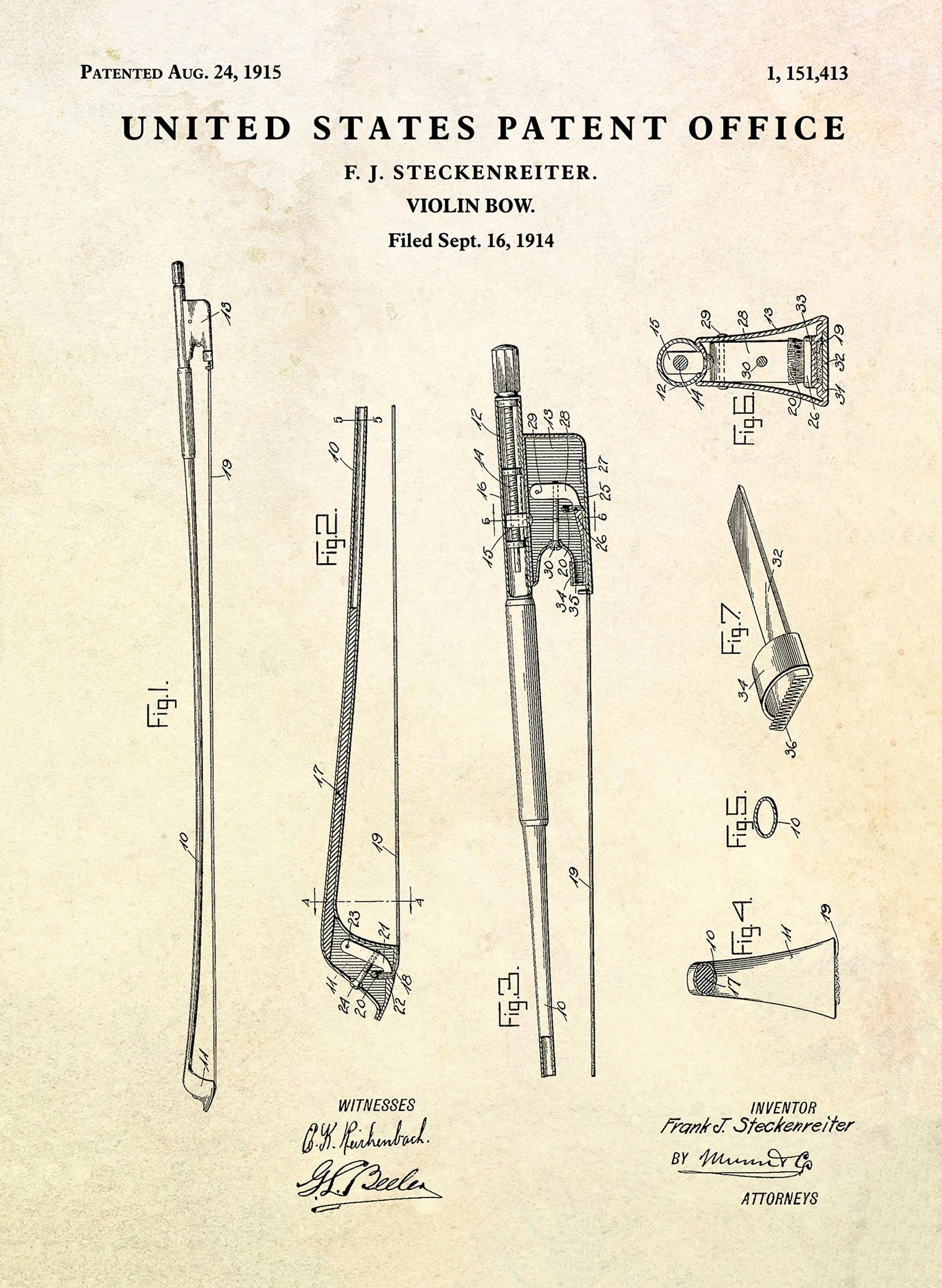 Patent illustration of a violin bow with detailed diagrams on a beige background