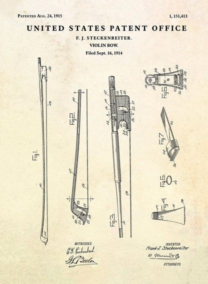 Patent illustration of a violin bow with detailed diagrams on a beige background