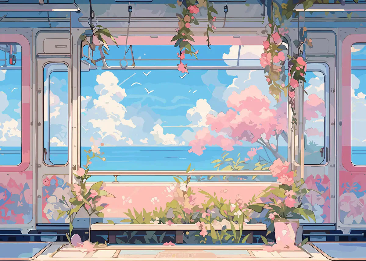 Train interior with floral decorations and a view of cherry blossoms outside.
