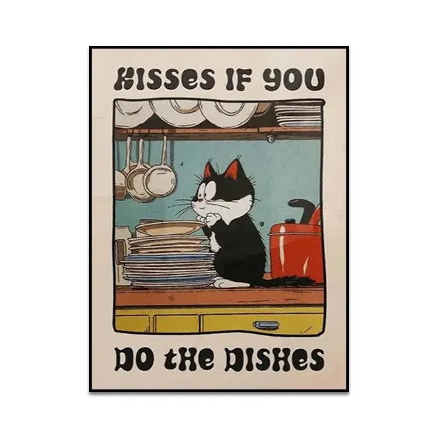 Cartoon cat sitting on a dish rack with text 'Kisses if you do the dishes' on a beige background