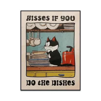 Cartoon cat sitting on a dish rack with text 'Kisses if you do the dishes' on a beige background