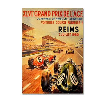 Vintage poster of a Formula 1 race in Reims with racing cars on a track.