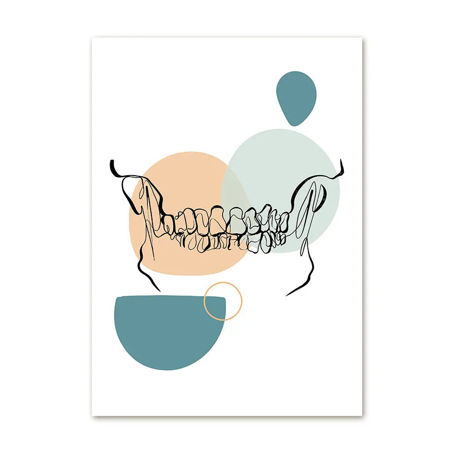 Art print with a stylized skull design and abstract shapes on a white background
