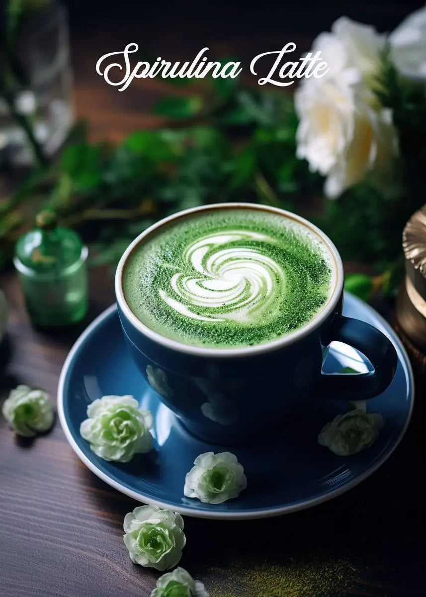 Spirulina latte in a blue cup with decorative elements on a wooden surface