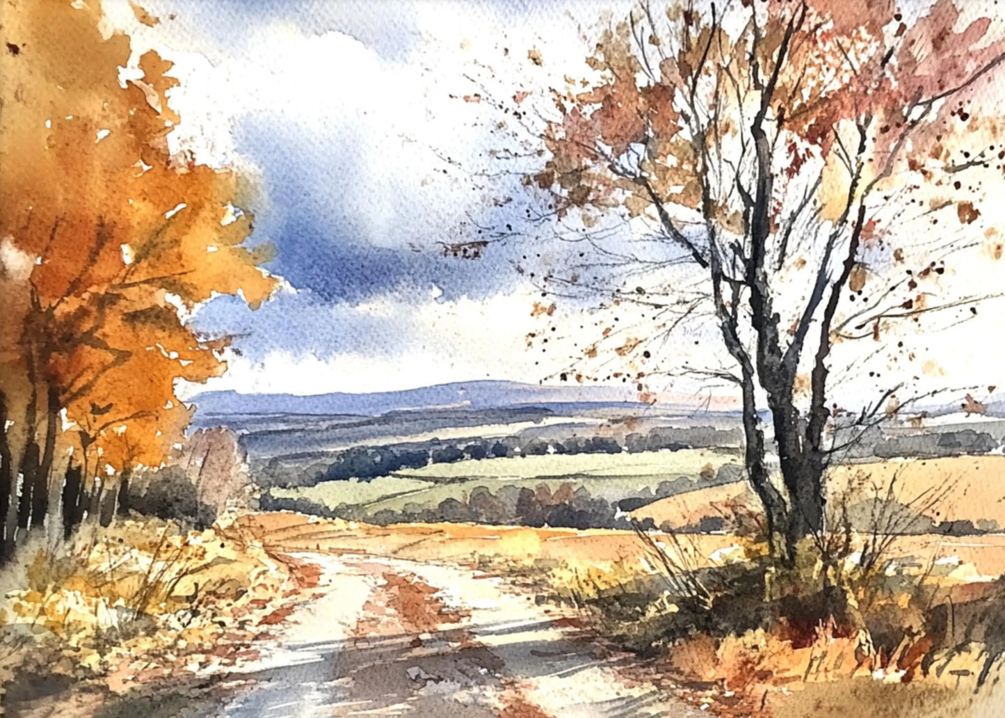 Watercolor painting of a autumn landscape with trees and a path