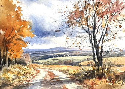 Watercolor painting of a autumn landscape with trees and a path