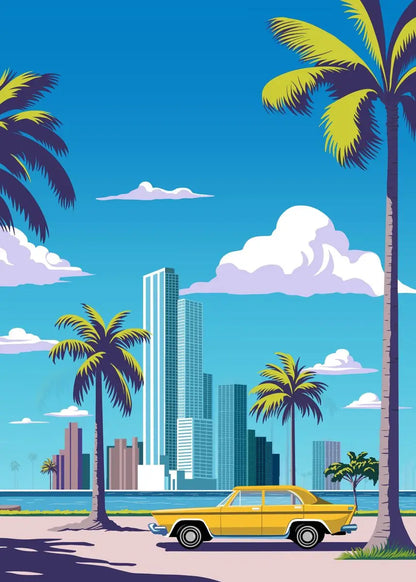 Illustration of a cityscape with palm trees and a yellow car on a blue sky background
