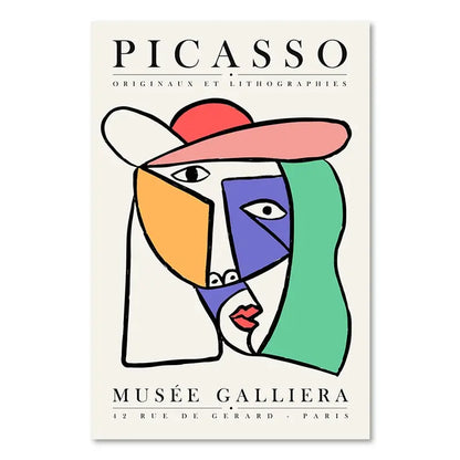 Poster of Picasso artwork with colorful faces and 'Musée Galliera' text.