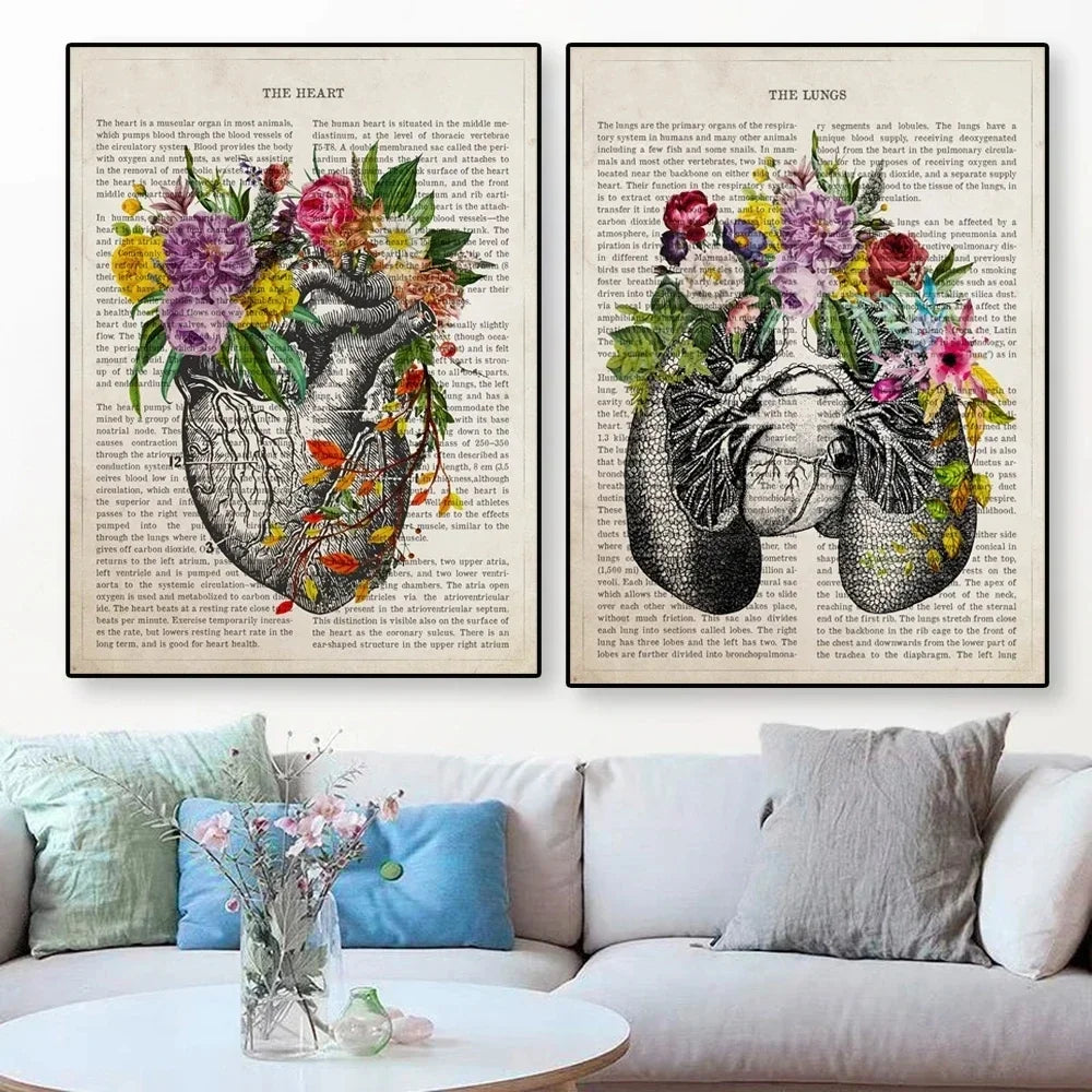 Two framed artworks of floral心脏 designs on a book page background, displayed above a sofa.