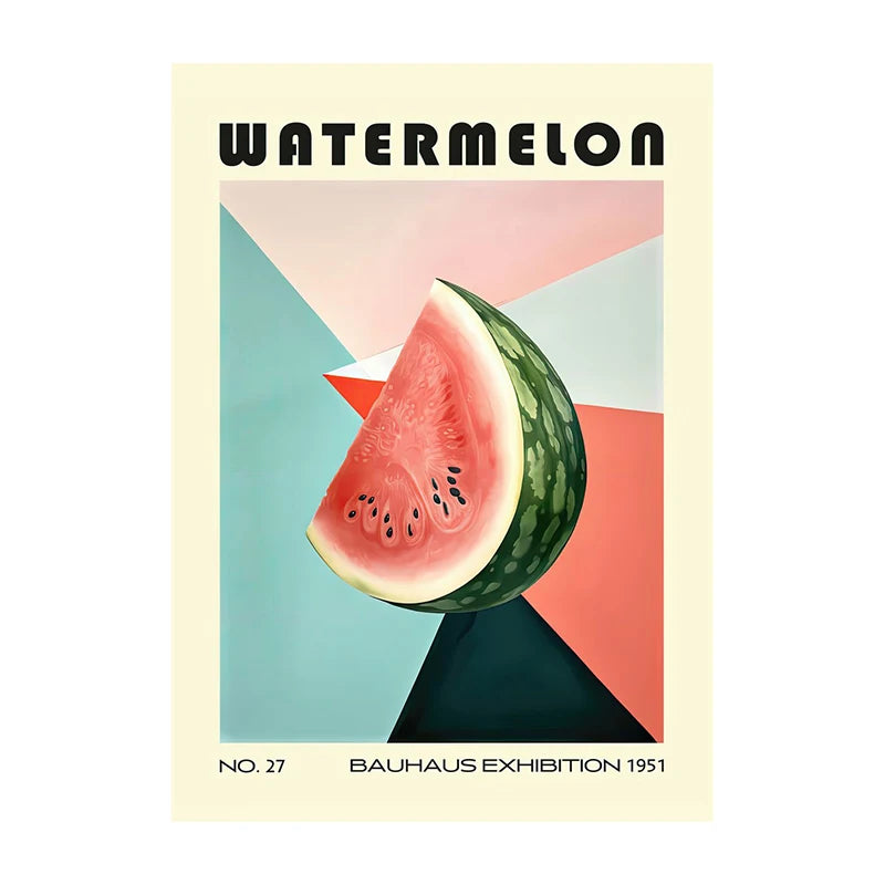 Poster of a watermelon with geometric shapes and text on a colorful background