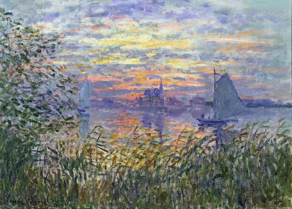 Painting of a sunset over water with sailboats and a cityscape, featuring a colorful sky and reflective water.