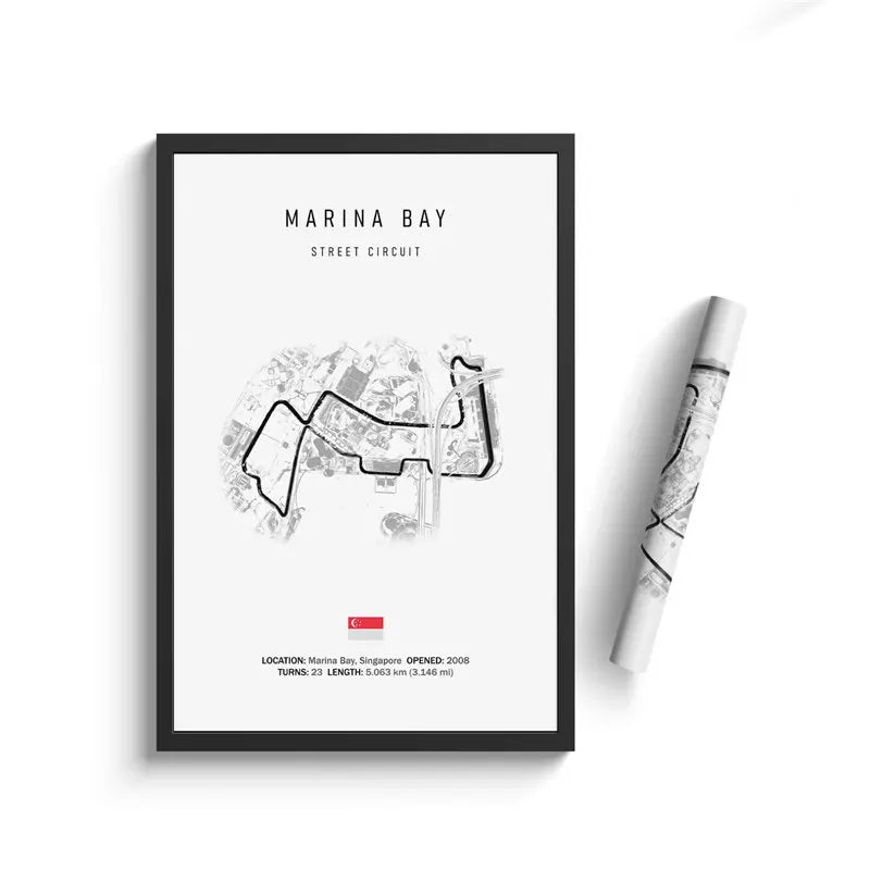 Framed poster of Marina Bay Street Circuit with a pen on a white background