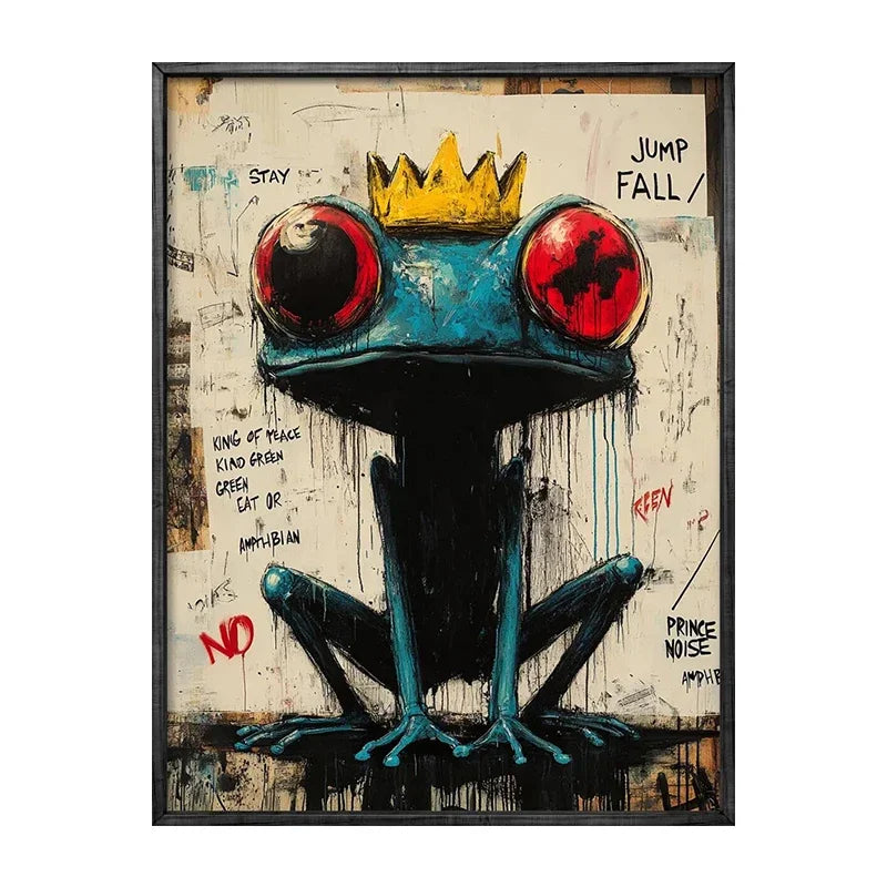 Framed artwork of a stylized frog with a crown on a textured background