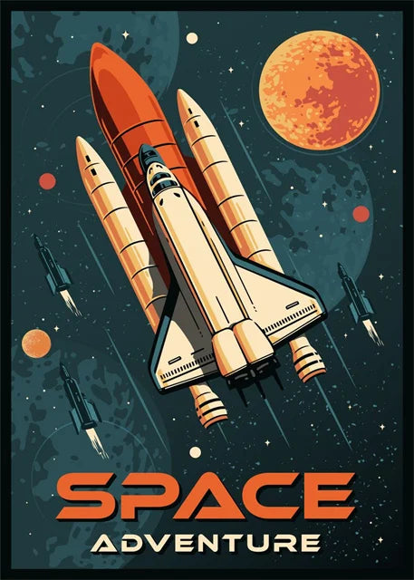 Space-themed poster with a rocket ship and planets, featuring the text 'Space Adventure'.