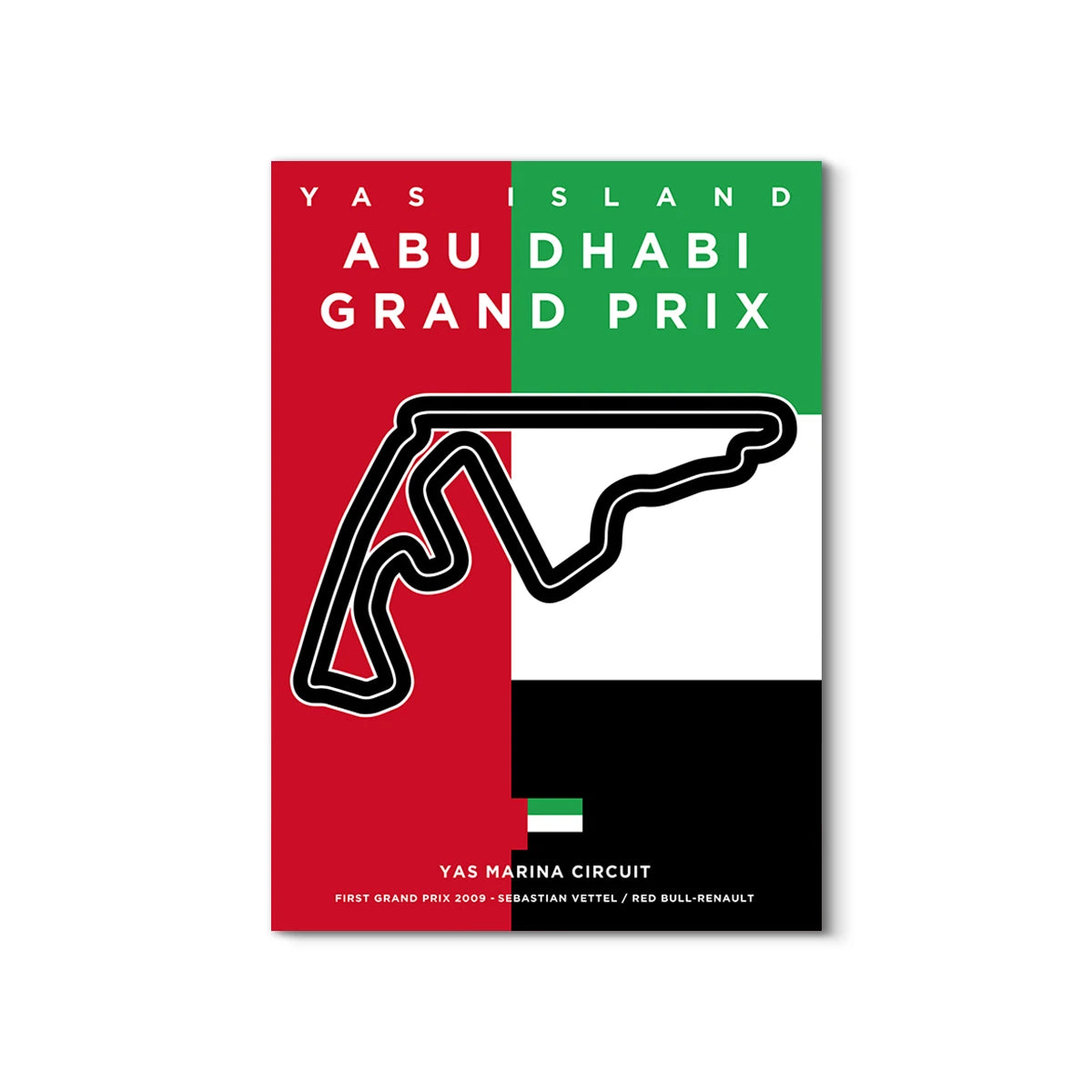Abu Dhabi Grand Prix poster with track design and colors of UAE flag
