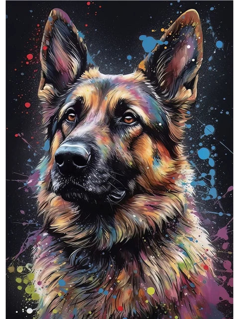 Colorful abstract painting of a German Shepherd dog on a dark background