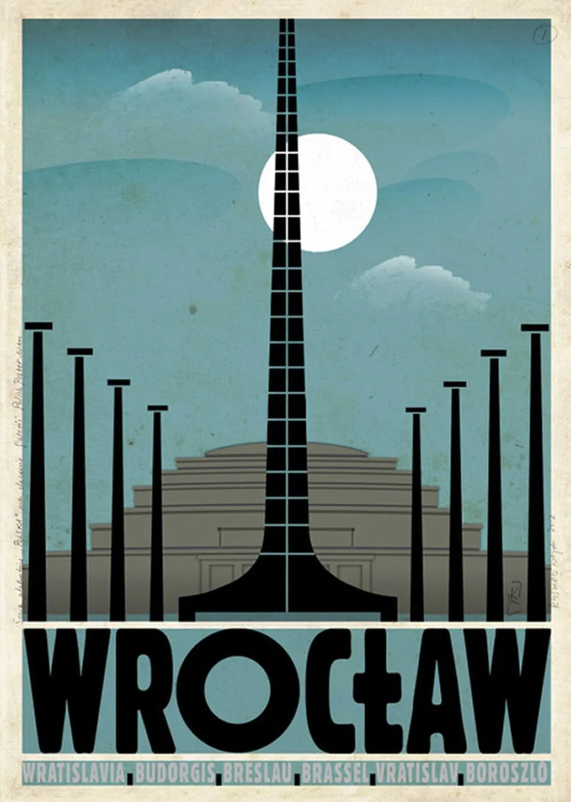 Vintage-style poster of a building silhouette with 'Wroçáw' text against a blue sky.