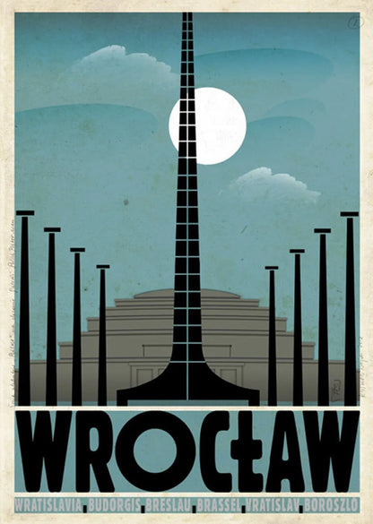 Vintage-style poster of a building silhouette with 'Wroçáw' text against a blue sky.