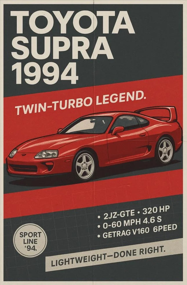 Poster of a red Toyota Supra from 1994 with key specifications.