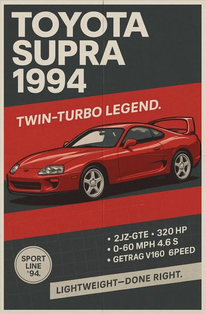Poster of a red Toyota Supra from 1994 with key specifications.