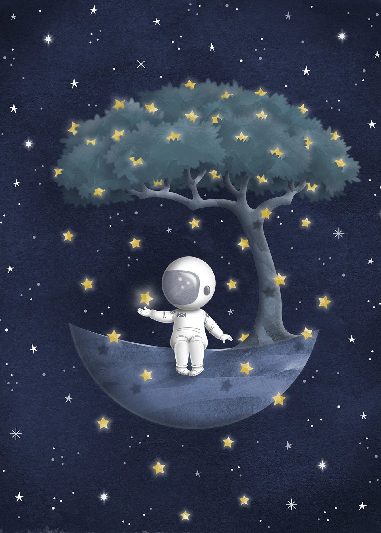 Illustration of an astronaut sitting on a crescent moon under a tree with stars, set against a starry night sky.