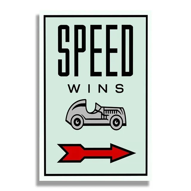 Poster with 'SPEED WINS' text, vintage car illustration, and red arrow on a light green background.