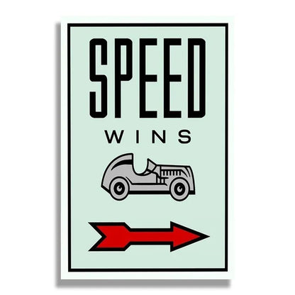 Poster with 'SPEED WINS' text, vintage car illustration, and red arrow on a light green background.