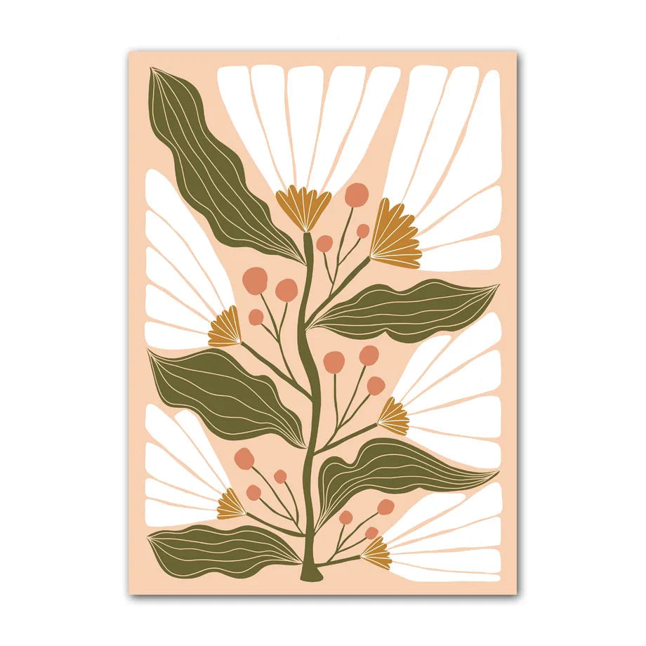 Floral design with green leaves and yellow flowers on a beige background