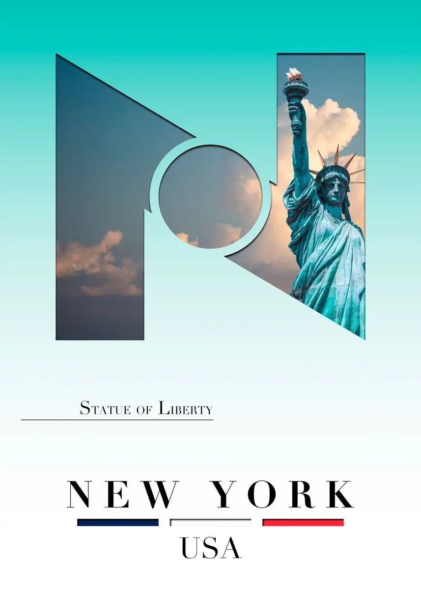 Statue of Liberty with geometric shapes and 'New York USA' text on a gradient background
